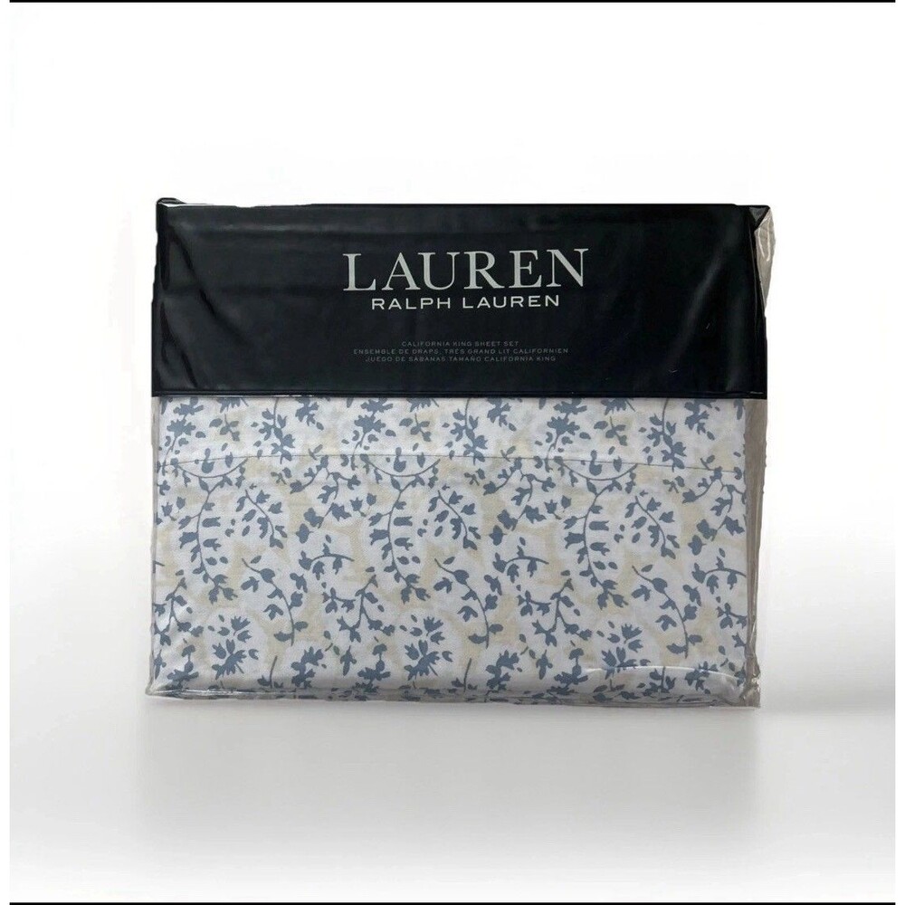 Lauren Ralph Lauren Eva Cream Blue Leaf KING SHEET SET 4P COTTON NEW Cottage